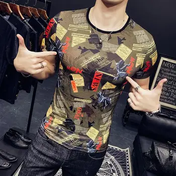Мъжки t-shirt 2021 мода корейски стил лято ледена коприна модерна мъжка риза с къс ръкав Лепкави бележки Лоскутная тениска с принтом