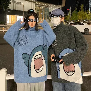 Мъжки Turtlenecks Пуловер с акула Мъжете 2021 Корейски Стил с високо Воротом Негабаритная Сиво Поло за мъже