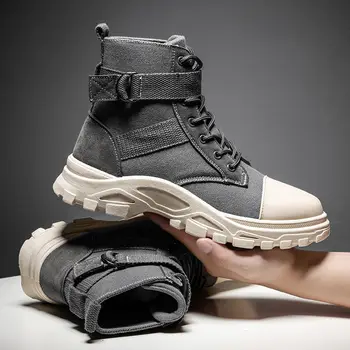 Мъжки военни обувки, Градинска мода парусиновая обувки с висок берцем Мъжки Ежедневни обувки ботильоны Черни обувки Челси Zapatos De Hombre