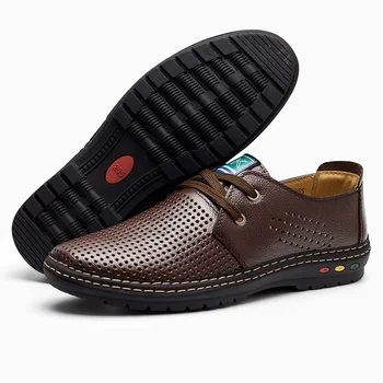 Мъжки ежедневни обувки от естествена кожа Лятото на 2018 Дишаща мека мъжки обувки за шофиране ръчно изработени chaussure homme Мокасини с изравняват повърхността