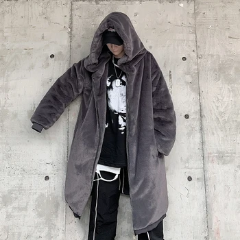 Мъжки зимни дебели якета за тийнейджъри Готически дрехи Японските модни тенденции Дълго палто от изкуствена кожа заек Harajuku Градинска облекло