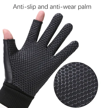 Мъжки зимни топли кожени ръкавици за езда със сензорен екран, Водоустойчив, Риболовни Спортове на открито с два пръста Кадифе нескользящие дамски ръкавици
