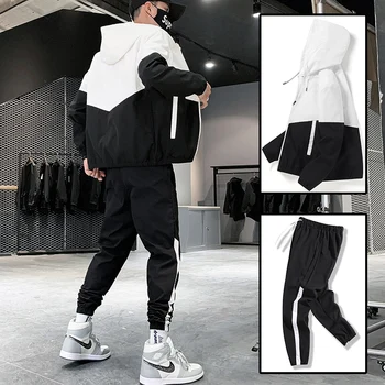 Мъжки лоскутные хип-хоп Ежедневни мъжки комплекти 2021 Пролет Корейски стил Комплекти от 2 облекла за Мъже градинска облекло Фитнес Мъжки спортен костюм