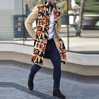 Мъжки однобортная яке с буквенной печат на копчета Дълго финото палто с дълъг ръкав Есен зима Топло за причинно-следствената градинска на горно облекло Harajuku