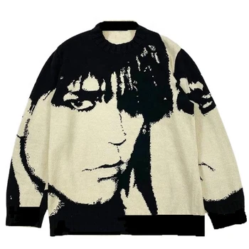 Мъжки пуловер с портрет принтом Градинска облекло Harajuku Реколта Ретро Японски вязаный пуловер Аниме Мъжки пуловер 2022 Есен зима