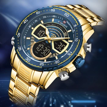 Мъжки творчески Златни сини часовници NAVIFORCE От Неръждаема Стомана с двойно Времето LED Дисплей Каландр Водоустойчив Модни стръмни мъжки часовник