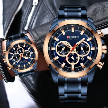 Мъжки часовник CURREN Най-добрата марка на Луксозни Спортни часовници за Мъже с голям циферблат Сини кварцов ръчен часовник Хронограф Мъжки часовник Relogio Masculino