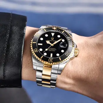 Мъжки часовник Pagani Design 43 мм Стоманена златен корпус черен циферблат MIYOTA Автоматични Механични Водоустойчиви Спортни ръчни часовници от стъкло: сапфир
