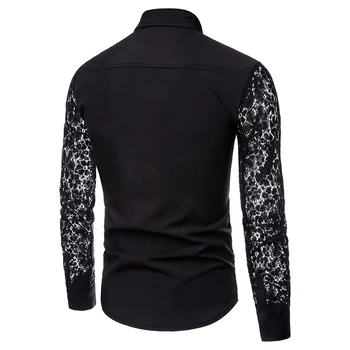 Мъжки черно-бяла риза Модни дантелени ръкави Обикновена прозрачна Ежедневни ризи, Прозрачни Клубни вечерни Шоу Мъжки блузи Пролет Есен