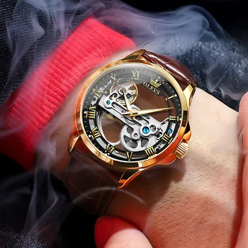 Най-добрите маркови Оригинални механични часовници за мъже с автоматично дизайн на скелета на Ръчен часовник с водоустойчив кожена каишка на Часовник Reloj Hombre