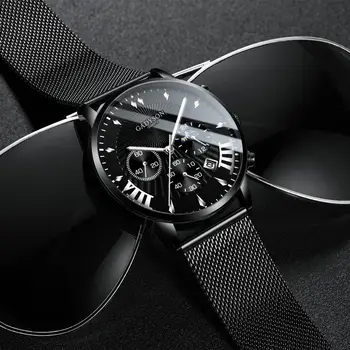 Най-добрите мъжки Часовници Луксозни Известни марки Мъжки часовници с мрежесто календар от Неръждаема Стомана Мъжки Бизнес Светещи кварцов часовник Relogio Masculino
