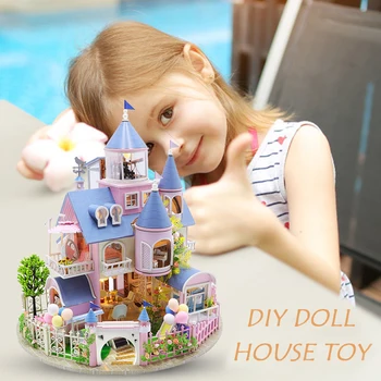 Направи си САМ Комплект мебели за кукла къща Миниатюрен 3D Дървен Куклена Къща Led Монтаж на Замъка Casa Играчки за деца, възрастни за рожден Ден, подарък за Коледа