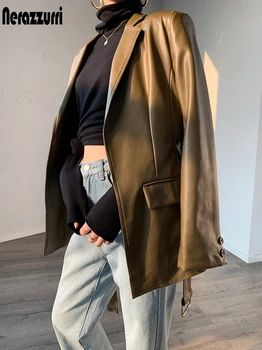 Нерадзурри Есенни леки меки блейзери от изкуствена кожа за жени с колан и джобове с дълъг ръкав 2021 Стилно яке от изкуствена кожа Корейската мода