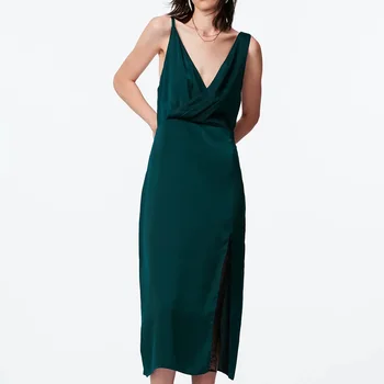 Нов 2021 Без ръкави, Спагети Каишка Тъмно-зелена коприна дълга рокля Секси елегантна вечерна рокля с отворен гръб-Секси дантелено midi-рокля с цепка