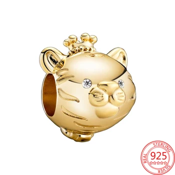 Нов 925 Сребро Блестящ златен тигър Мъниста За жени Чар Медальон е Подходящ Оригинална Гривна Pandora Гривни фестивал Бижута подарък