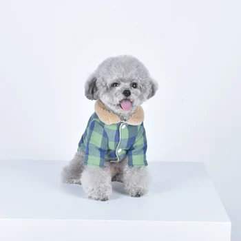 Нов жилетка за кучета Памучни каре рокли за кучета от една плюшена кърпа за домашни любимци с яка от кожа агне Есенно-зимна костюм за кучета