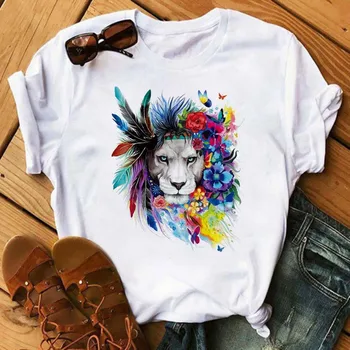 Нов прием на Тениска Модна готина тениска с тигър и Лъв Ежедневни бяла тениска с къс ръкав с анимационни принтом Топ Тениска
