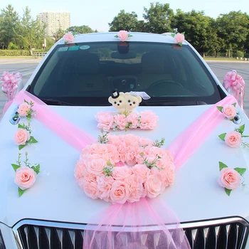 Нов Сватбен Автомобил Огледало Дръжка Украса Изкуствени Цветя Набор От Бижута Романтична Сватбена Кола Главоболие Цвете