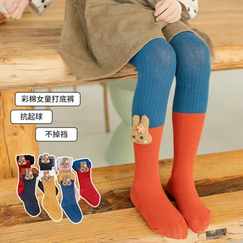 Нов цвят съвпадение памук сладко зайче чорапогащник цветенце девет точки чорапогащи за момичета пролет есен дишащи топли бебешки, детски чорапи