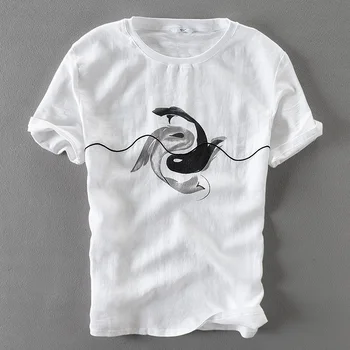 Нова бельо бродирани тениска с кръгло деколте, мъжка тениска с принтом двойна риба, мъжки ризи с къс ръкав, однотонная бяла тениска, мъжки блузи camiseta