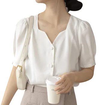 Нова лятна блуза, Монофонични бяла жена топ Ежедневни Базова риза Однобортные върховете на копчета с къс ръкав, V-образно деколте Стил Япония Корея