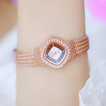 Нова марка Луксозни Япония Кварцов механизъм, Дамски часовници с пълна диамантен пръстен Дамски ръчни часовници Рокля от неръждаема стомана Дами Montre Femme