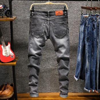 Нова мода Дънкови панталони Обикновена дънки Slim Fit Мъжки дизайнерски стиранные Ретро дълги тесни ластични дънки 6 цвята, каки черен тъмно син