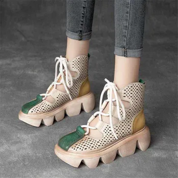 Новата пролетно - лятна дамски обувки, Модерни обувки на платформа, Сандали на платформа, Кожени обувки, с дупки Кожени сандали-гладиатори