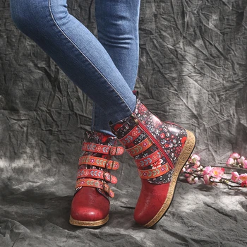 Нови дамски ботуши Socofy с принтом в ретро стил, метален обтегач, мека кожа, ботильоны с цип, дамски обувки, дамски обувки, Mujer 2021
