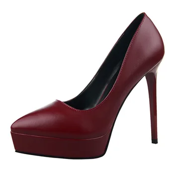 Нови дамски обувки на платформа, Класически обувки на висок ток с остър пръсти Секси вечерни дамски обувки-лодка от червена кожа на тънките токчета Сватбени обувки