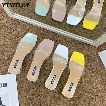 Нови дамски сандали от PVC Желе в кристал ток Прозрачни секси леопардовые прозрачни обувки - лодка на висок ток, чехли, джапанки, пързалки
