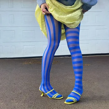Нови дамски секси Прозрачни чорапогащи за вертикална и хоризонтална ивица с принтом Чорапогащник с високо еластична годишен сексуален отглеждане