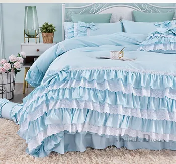 Нови луксозни слоеве комплект спално бельо сладка принцеса лък с къдри пухени сватбени легла розов чаршаф за момичета бебешко легло пола калъф