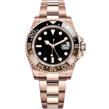 Нови мъжки Автоматично Механични часовници Сапфирен Кристал от Неръждаема стомана Розово злато Нажежен GMT Водоустойчив