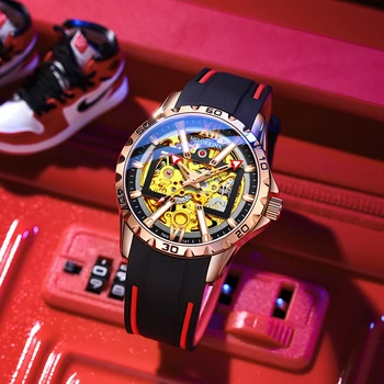 Нови мъжки часовник-скелет на Розово-черните Автоматични Механични Спортни ръчен часовник Водоустойчив Быстросъемные Гумени въжета Ежедневни мъжки часовник