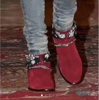 Нови червени обувки Челси за мъже велур кожени обувки с остър бомбе метална верига с веригата на обувки за партита мъжки ботильоны с катарама