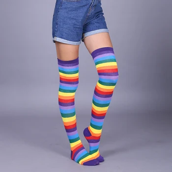 Новите дамски чорапи са Прекрасни памучни чорапи до бедрото, Смесени Цветове в розово лента, Дълги чорапи Възли дамски чорапи Над коляното