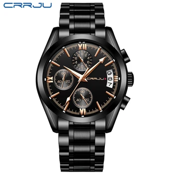 Новите Часовници Crrju Мъжки Луксозни Маркови Спортни кварцов часовник от неръждаема стомана Водоустойчив Мъжки Военни ръчни часовници за Мъже модерен черен часовник