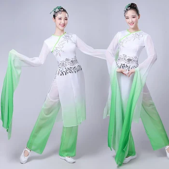 Новият Китайски народни танци, Класически танци, костюми За жени с водно ръкав Облекло за изказвания за момичета с дълъг ръкав Танцови костюми Янко