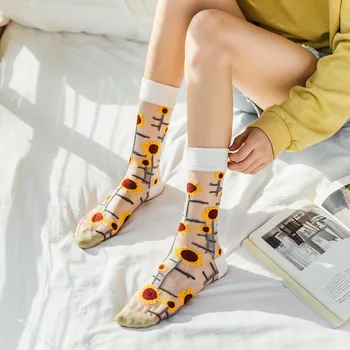 Новост Harajuku Кристални Копринени чорапи Всекидневни Висококачествени с цветна бродерия Забавни чорапи Летни тънки прозрачни Дълги чорапи