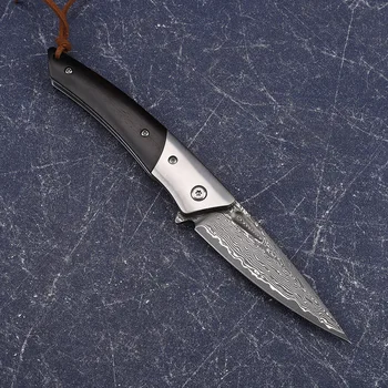 Нож от Дамасской стомана + Дръжка от черно дърво Открит на Къмпинг, Лов и Риболов Джоб с Кухненски Плодов Нож EDC Инструмент