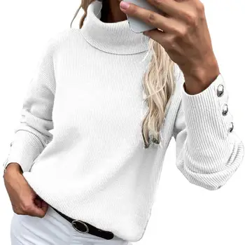 Обикновен вязаный пуловер с дълъг ръкав Есен зима Поло копчета копчета Женски пуловер пуловер Дамски дрехи