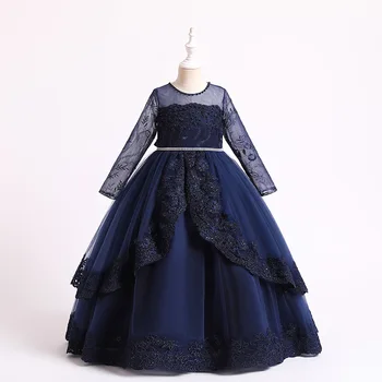 Облечи принцеса с аппликацией за момичета цвете Сватбена рокля от мъниста за деца 4-14 години на рожден Ден с дълъг ръкав на Костюм за шоу-представяне