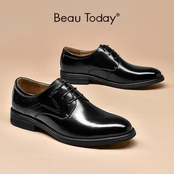 Обувки-дерби BeauToday За мъже от естествена телешка кожа, с остри пръсти и дърворезба дантела Бизнес Господа Сватбени обувки са Ръчно изработени 51050