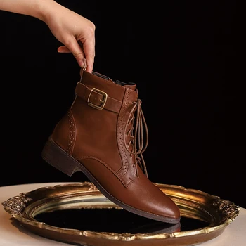 Обувки Челси от естествена кожа с кръгло бомбе, метална тока за колан, дамски обувки, Пролетно-есенна мода, дамски обувки страничен цип, Размер 34-43