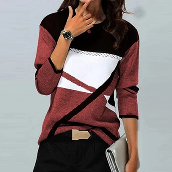 Офис дама Мозайка есенни блузи Пролетната мода Геометричен принт Върховете Blusas За жени Ежедневното О-образно деколте Свободна Реколта риза пуловер