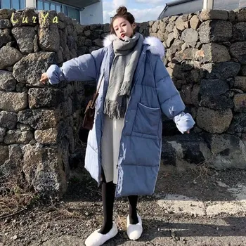 Палто Дамско зимно с много козина, Maxi-Дълга козина Яке-бомбер Паркове, Корея жените, капачка, Плюс размера на Основни якета, Връхни дрехи Качулка