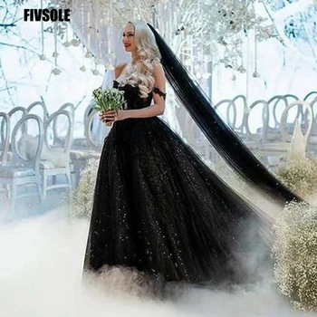 Пет от Лъскав Черен трапециевидный Сватбен струята на Сватбена рокля 2021 с отворени на раменете Ръкави Дантелени рокли на булката Модерен дълга рокля Mariee De