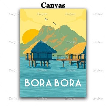 Плакат за пътуване до Бора-Бора, Печат за пътуване до Бора-Бора, Ретро-Печат на Бора-Бора, Стенно изкуство на Бора-Бора, Платно за домашен интериор Уникален подарък