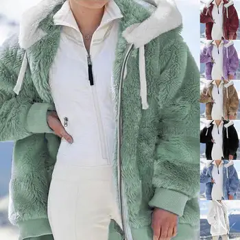 Плюс Размера на Дамско палто от изкуствена кожа 2022 Нова зимна топло яке с качулка на Горно облекло Плюшевое палто, Жилетка с цип джоб с Тоалети